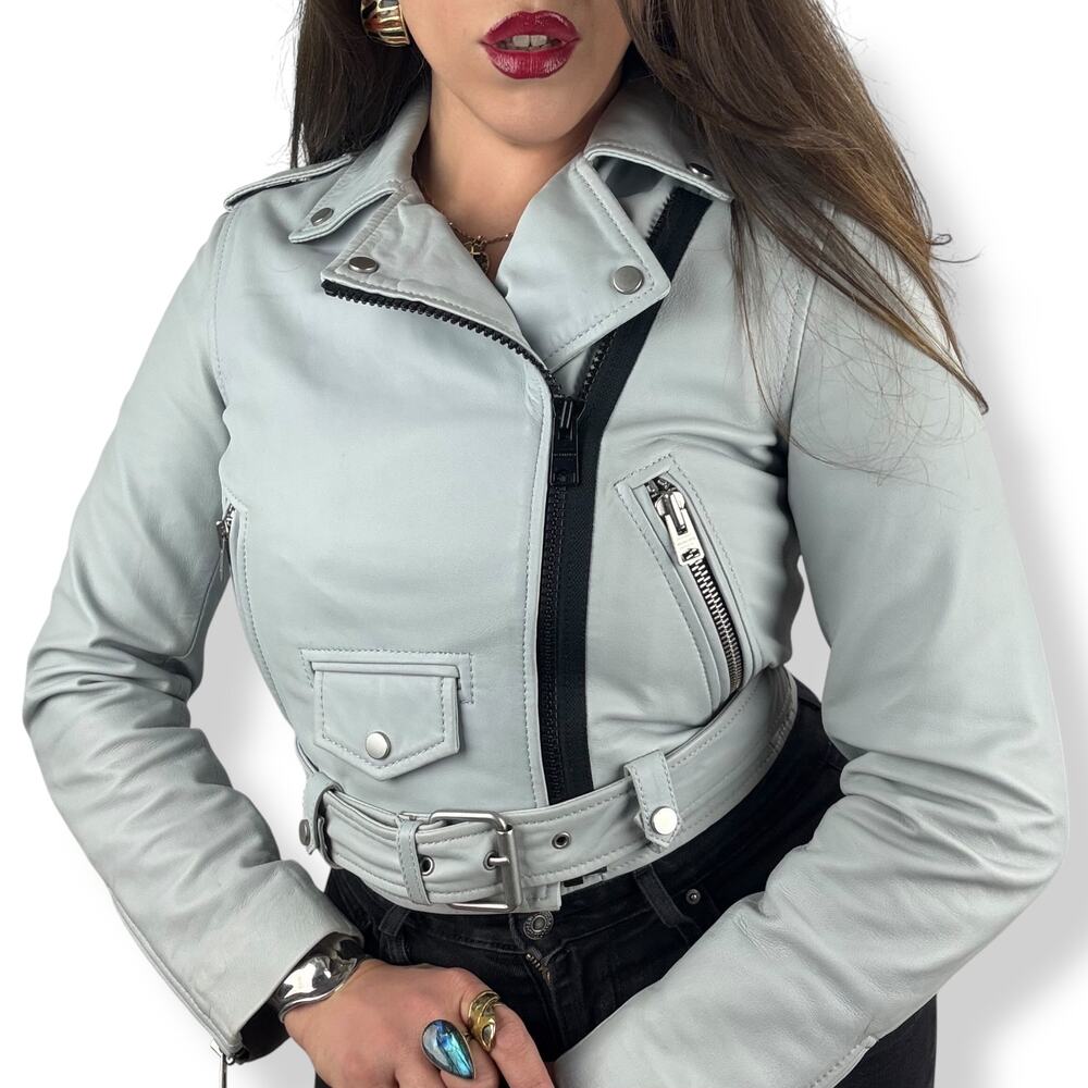 ALL SAINTS baby blue gray lamb leather BARON Biker motorcycle cropped jacket